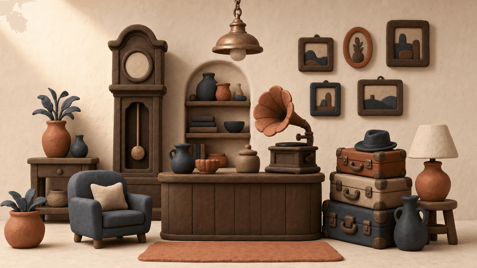 Antique shop interior with clock and gramophone