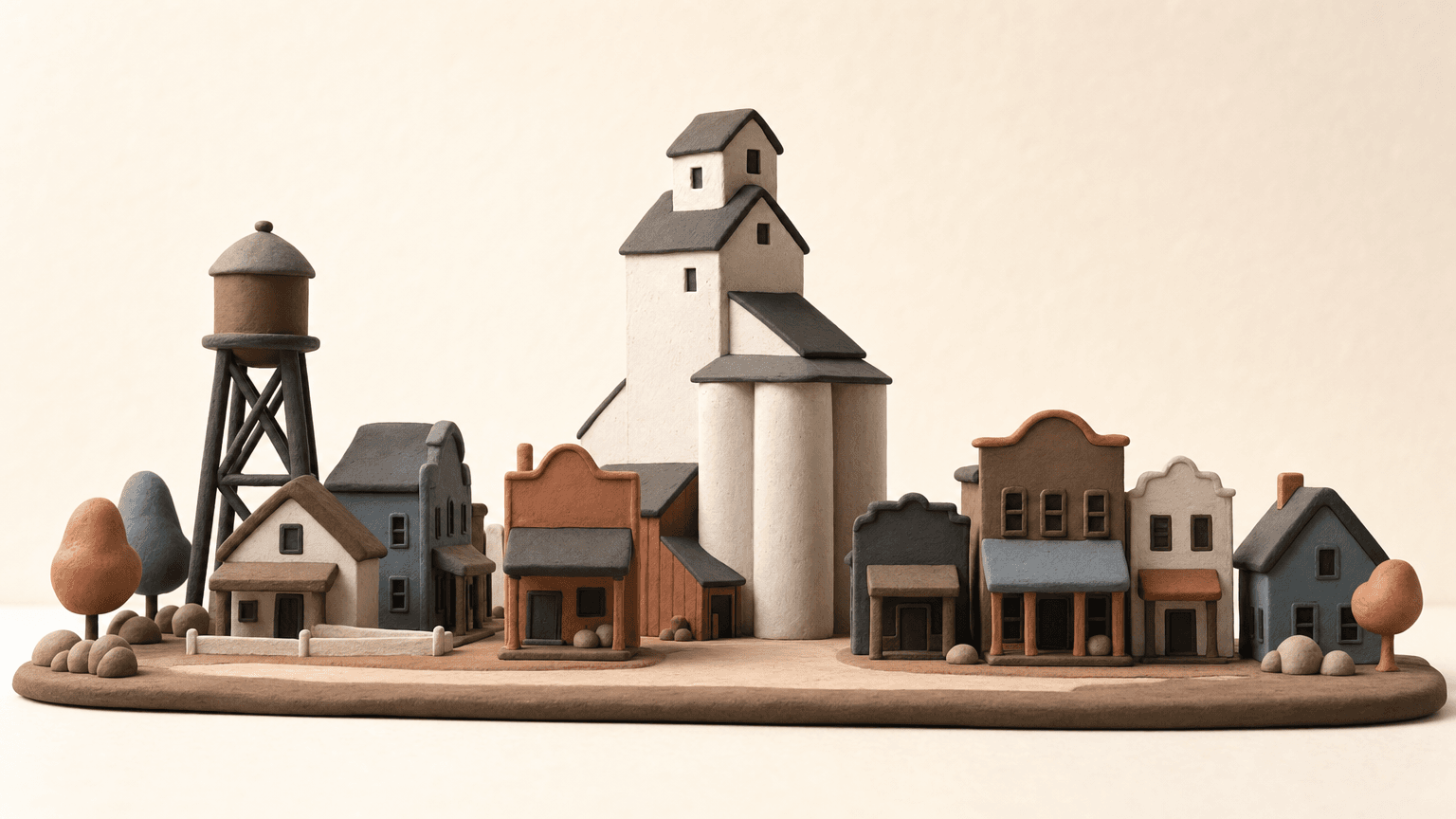 Small Alberta town main street with grain elevator