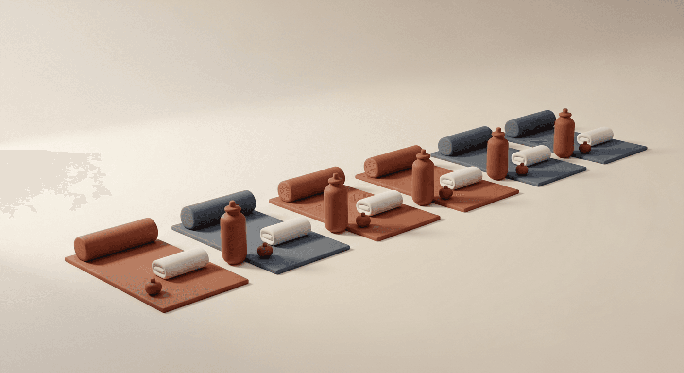Clay yoga mats with bolsters and water bottles