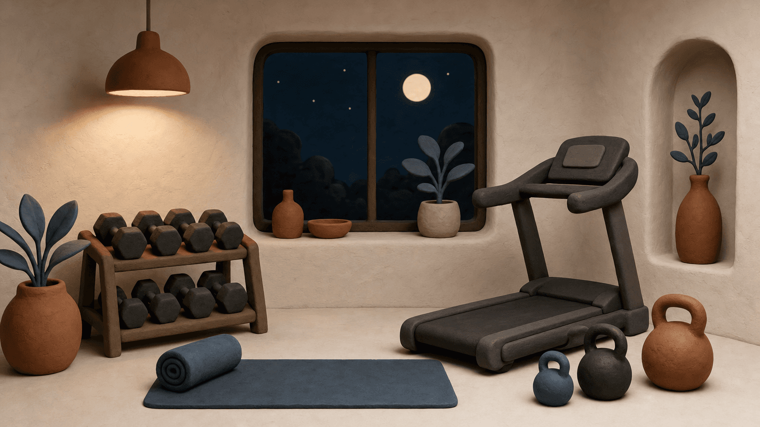 Gym interior lit at night