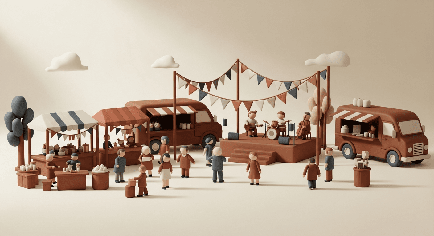 Clay outdoor festival and market with a food truck, stage and crowd