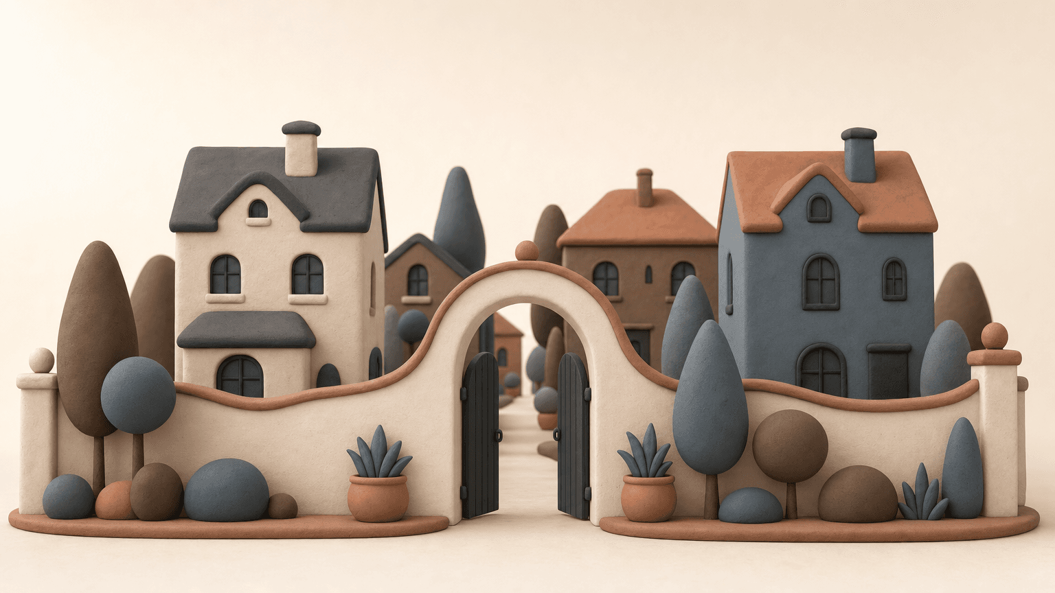 Gated entry arch leading into an upscale clay neighbourhood