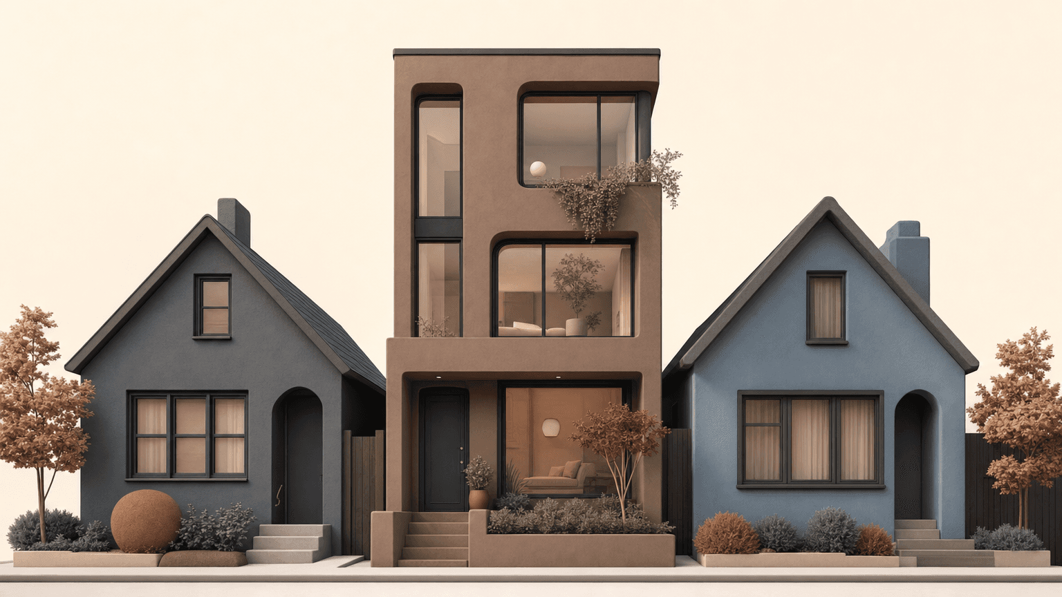 Modern infill home between two older houses