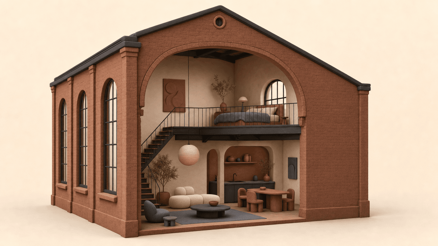 Heritage warehouse loft building with arched windows