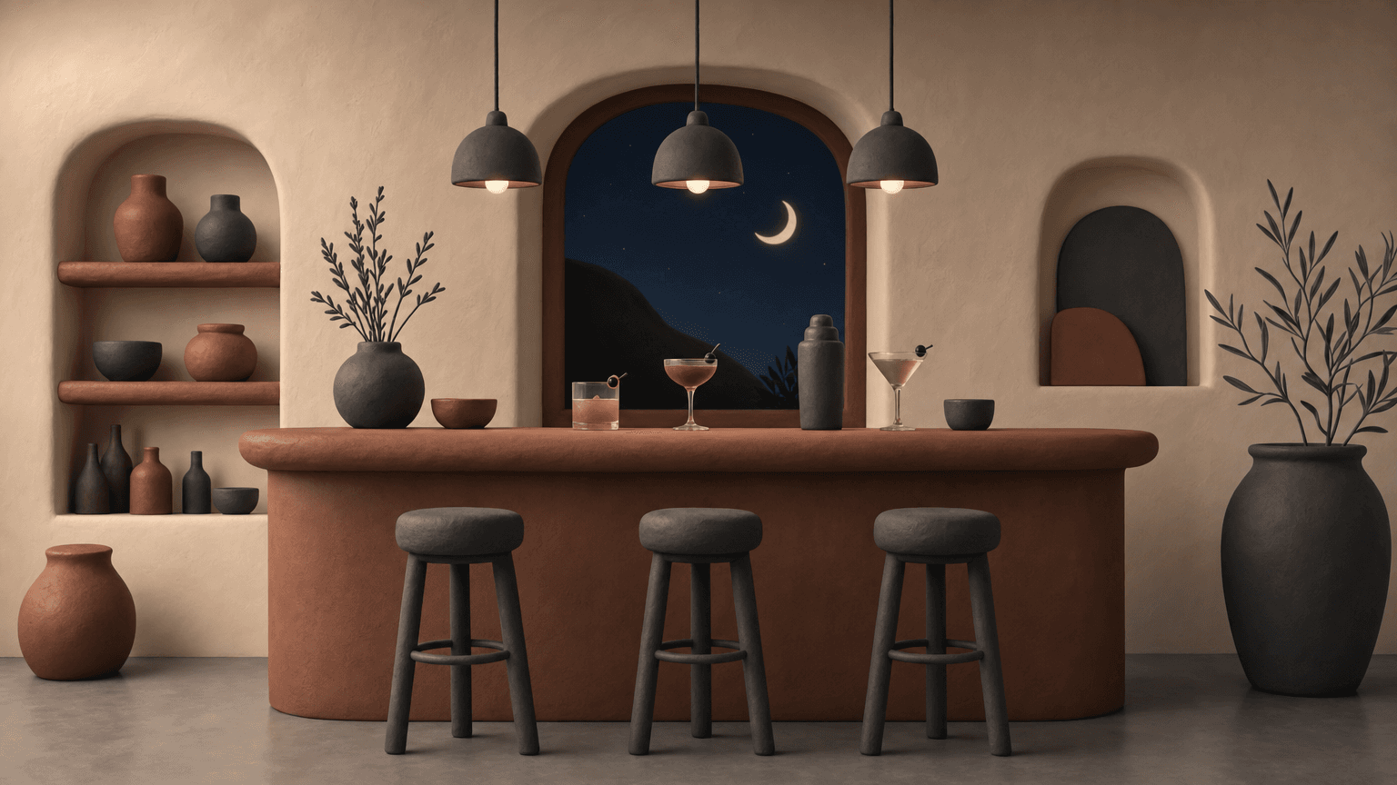 Cozy clay bar at night with pendant lights
