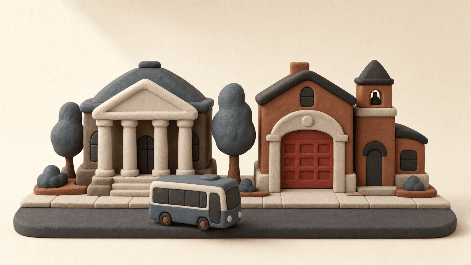 Clay library, fire hall and transit bus