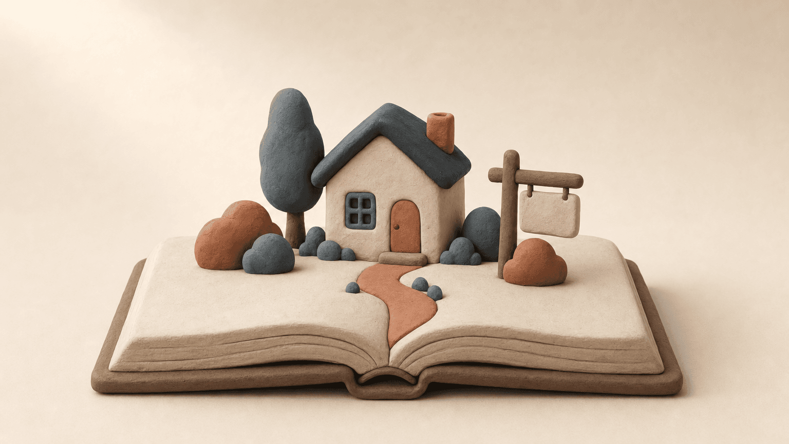 Open book with a small house rising from the pages