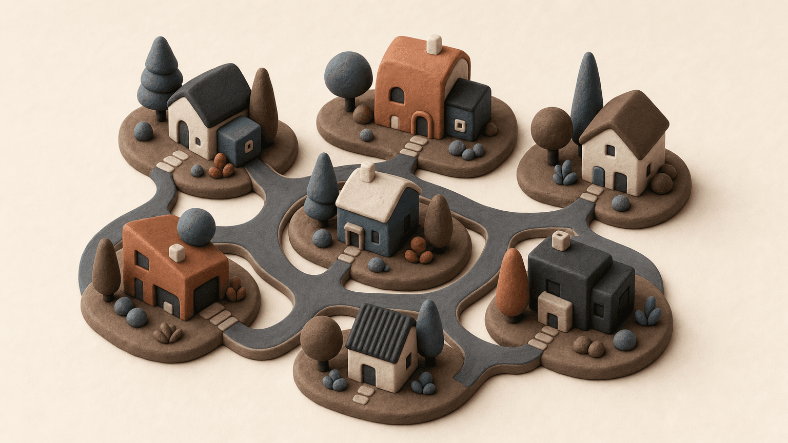 Clusters of clay suburbs connected by winding roads