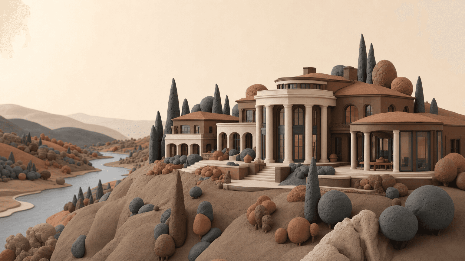 Estate homes on a ridge above the river valley