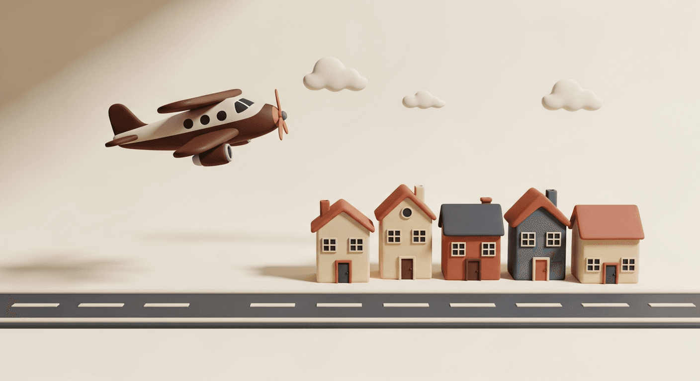 Clay-style airplane near suburban homes