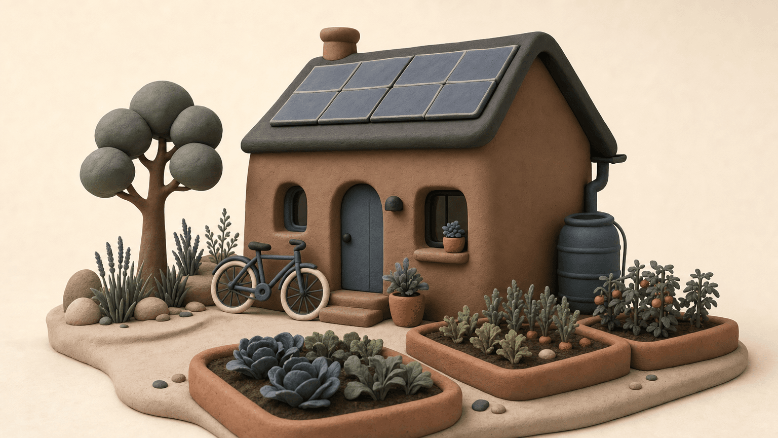Eco-friendly clay house with solar panels and garden